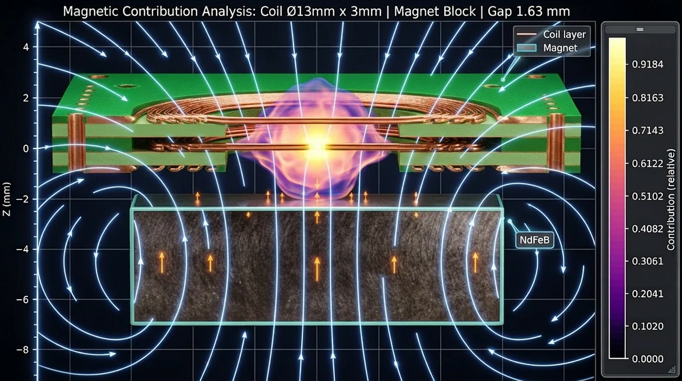 Magnetic field simulation of a PCB coil haptic actuator