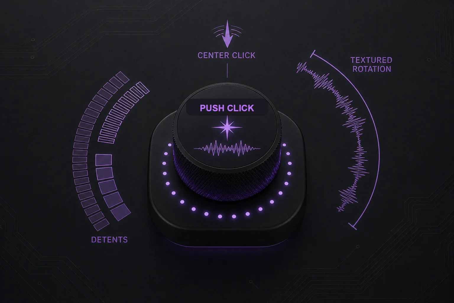 Haptic knob behavior visualization showing detents, push click, center click, and textured rotation
