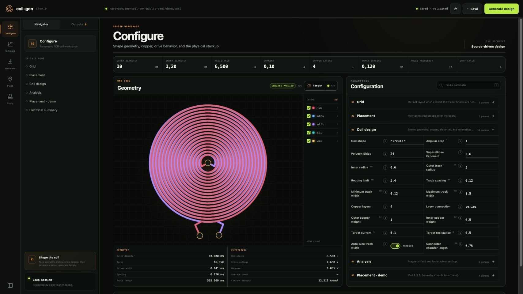 Coil-gen design workspace showing a generated PCB coil and editable parameters