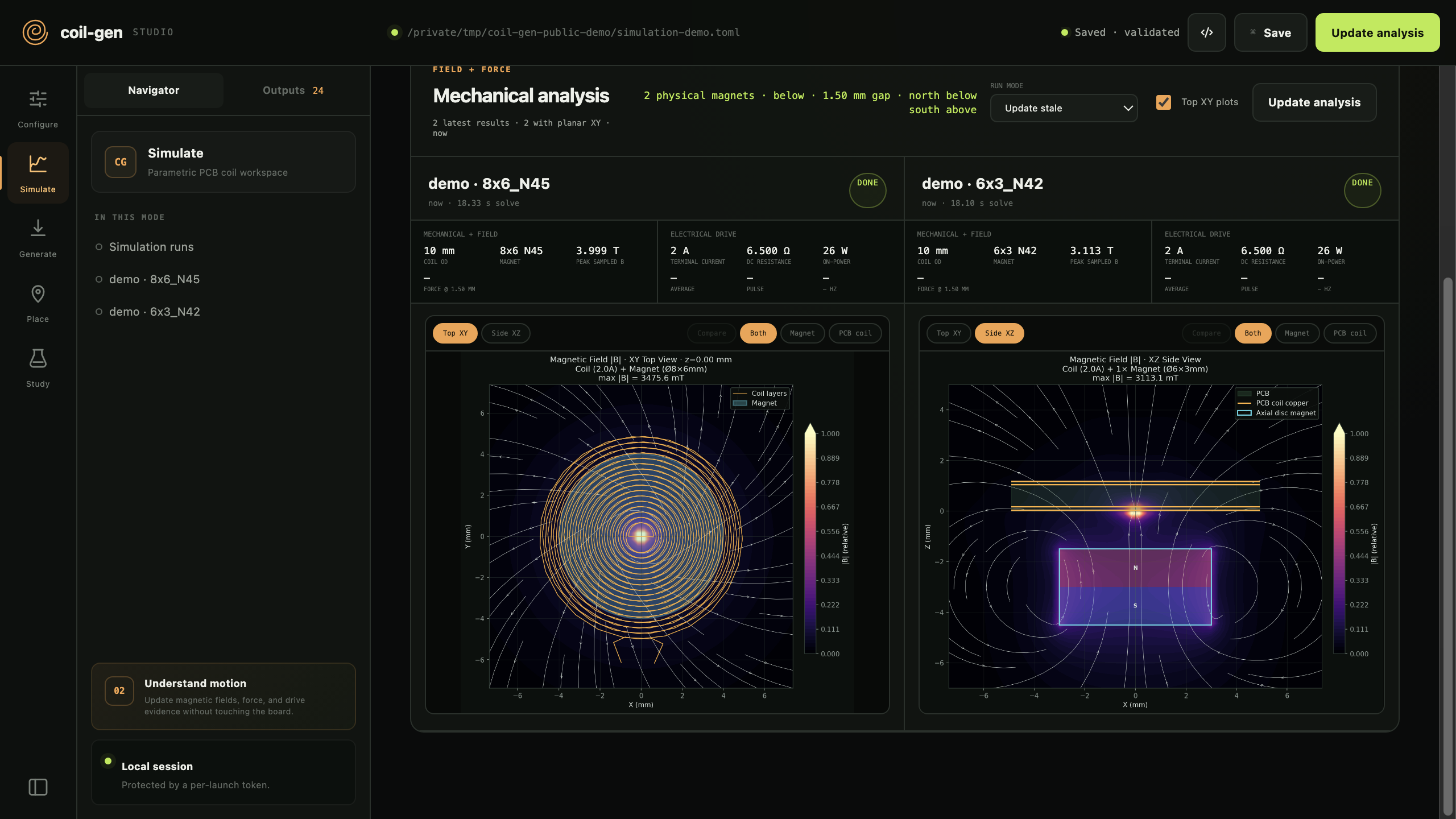 Coil-gen simulation gallery comparing magnetic field results for two magnet configurations