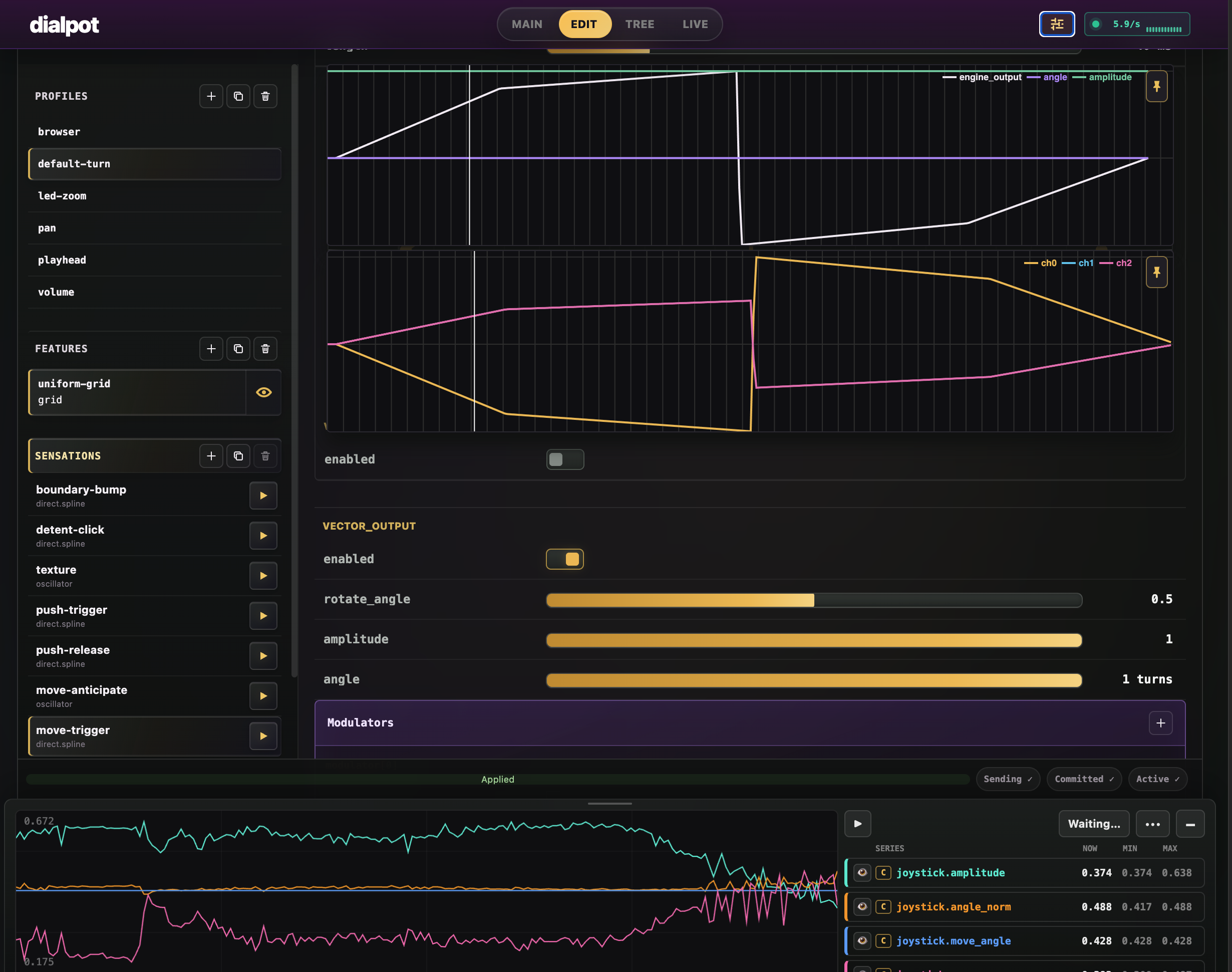 Haptic Studio editor showing tactile profiles and live signal graphs